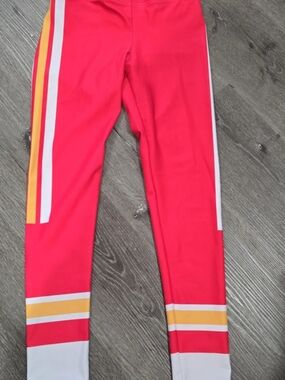 Athletic Leggings - Pink with White & Yellow Stripe
